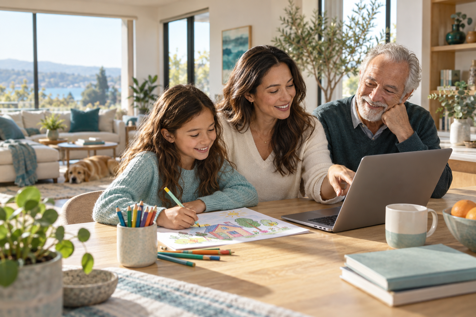 Ilustración de una niña, su madre y su abuelo compartiendo ideas alrededor de una mesa